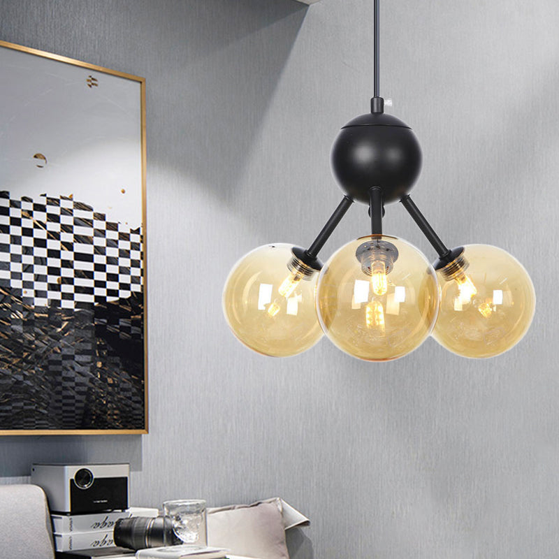 Modernist Amber Glass Ceiling Chandelier With 3-Head Led Pendant Lamp - Black