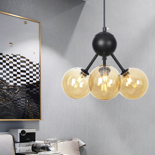 Modernist Amber Glass Ceiling Chandelier With 3-Head Led Pendant Lamp - Black