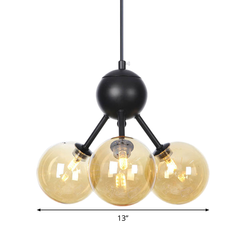 Modernist Amber Glass Ceiling Chandelier With 3-Head Led Pendant Lamp - Black