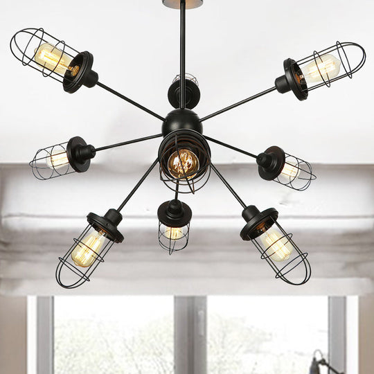 Farmhouse Style Iron Caged Chandelier - 9/12/15 Lights Sputnik Design Black Finish