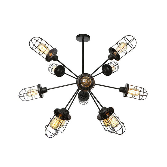 Farmhouse Style Iron Caged Chandelier - 9/12/15 Lights Sputnik Design Black Finish