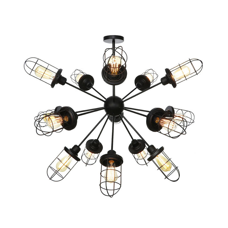 Farmhouse Style Iron Caged Chandelier - 9/12/15 Lights Sputnik Design Black Finish