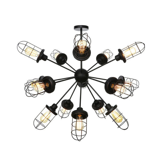 Farmhouse Style Iron Caged Chandelier - 9/12/15 Lights Sputnik Design Black Finish