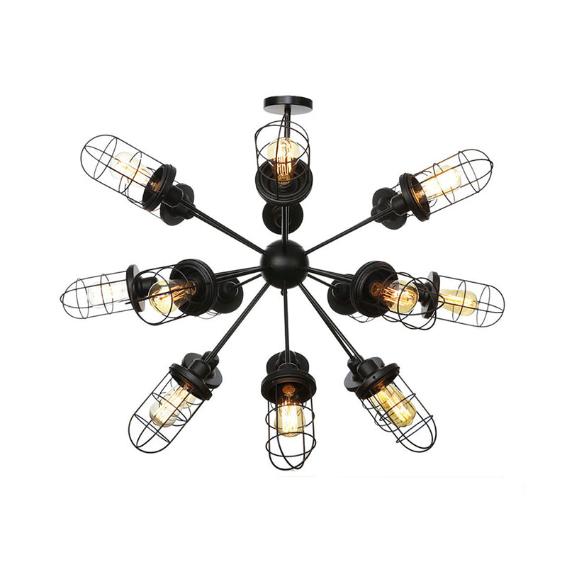 Caged Iron Chandelier - Farmhouse Style Ceiling Lamp Black Finish With Sputnik Design 9/12/15 Lights