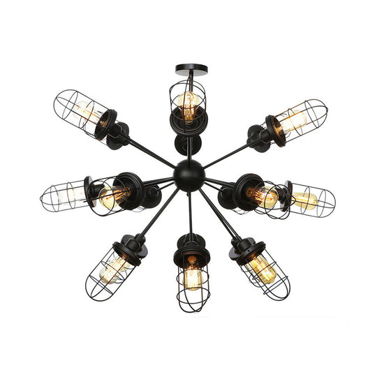 Caged Iron Chandelier - Farmhouse Style Ceiling Lamp Black Finish With Sputnik Design 9/12/15 Lights