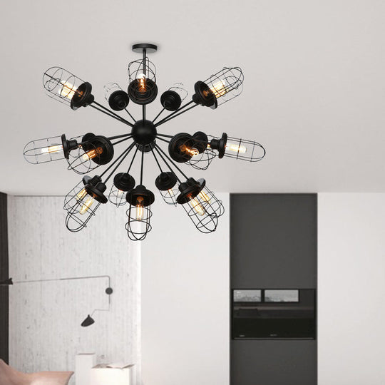 Farmhouse Style Iron Caged Chandelier - 9/12/15 Lights Sputnik Design Black Finish