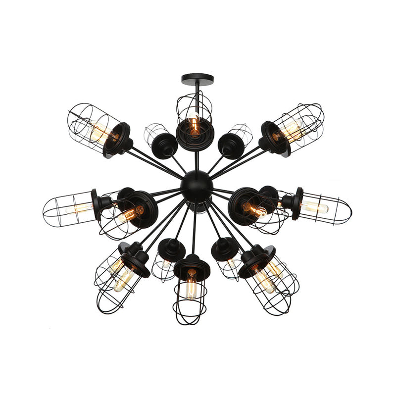 Farmhouse Style Iron Caged Chandelier - 9/12/15 Lights Sputnik Design Black Finish