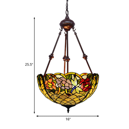 Stained Art Glass Chandelier Light - Petal Design 2 Lights Red/Orange/Green Bedroom Pendant
