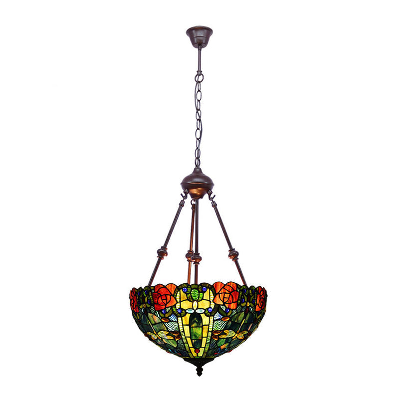 Stained Art Glass Chandelier Light - Petal Design 2 Lights Red/Orange/Green Bedroom Pendant