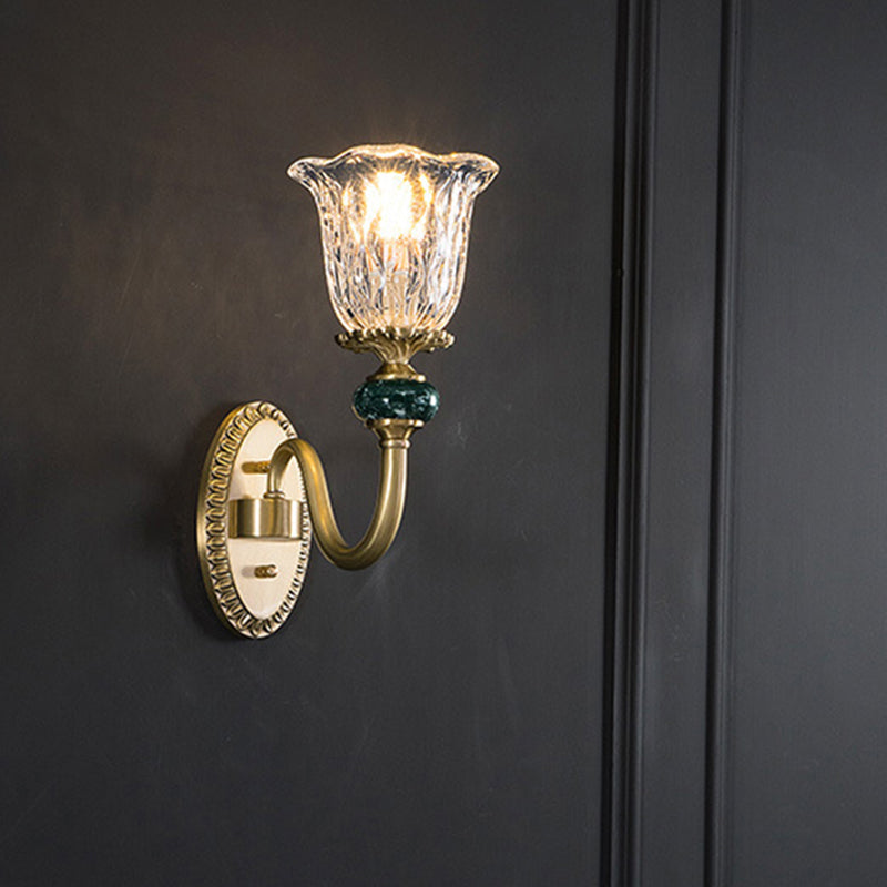 Vintage Brass Flower Bedroom Led Wall Sconce With Clear Glass - Mounted Lighting