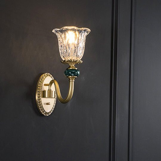 Vintage Brass Flower Bedroom Led Wall Sconce With Clear Glass - Mounted Lighting
