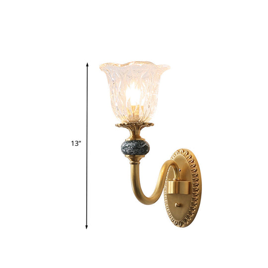 Vintage Brass Flower Bedroom Led Wall Sconce With Clear Glass - Mounted Lighting