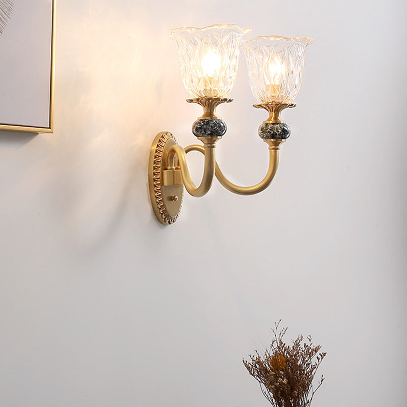 Vintage Brass Flower Bedroom Led Wall Sconce With Clear Glass - Mounted Lighting