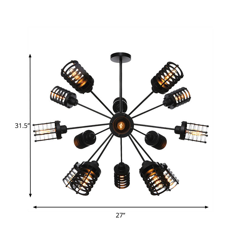 Vintage Black Chandelier Light: Starburst Metal With 9/12/15 Heads & Cylinder Frame Shade For