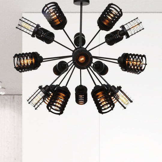 Vintage Black Chandelier Light: Starburst Metal With 9/12/15 Heads & Cylinder Frame Shade For