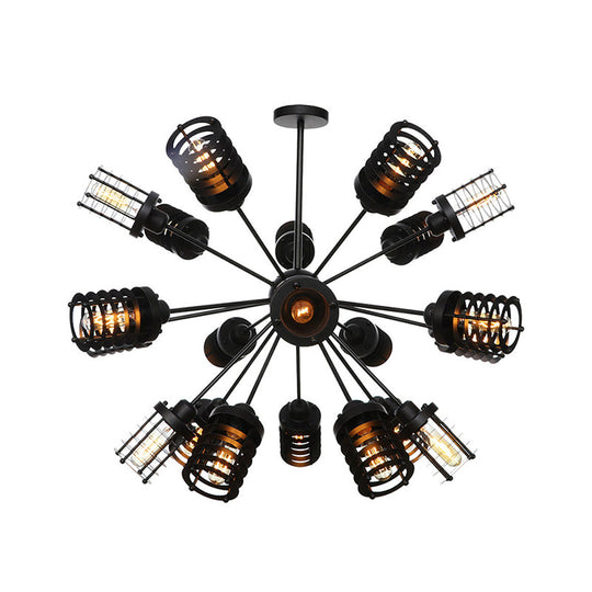 Vintage Black Chandelier Light: Starburst Metal With 9/12/15 Heads & Cylinder Frame Shade For