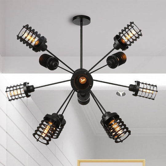Vintage Black Chandelier Light: Starburst Metal With 9/12/15 Heads & Cylinder Frame Shade For