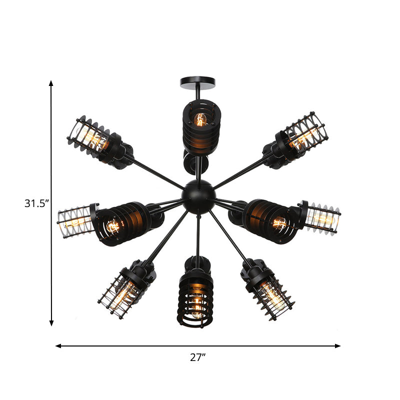 Vintage Black Chandelier Light: Starburst Metal With 9/12/15 Heads & Cylinder Frame Shade For