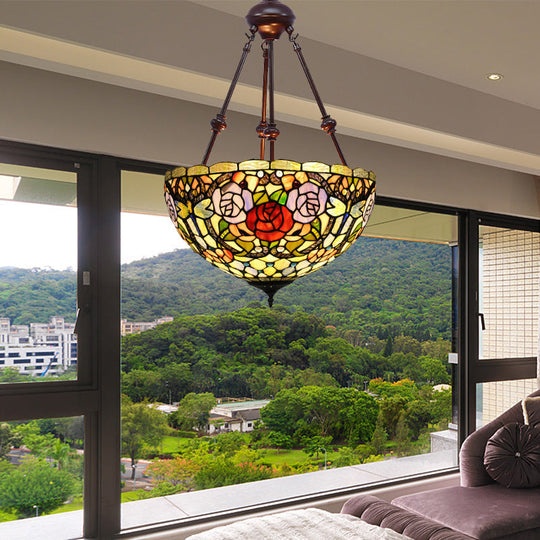 Tiffany Style 2-Light Flower Bush Chandelier Lamp With Stained Glass Pendant - Red/Yellow/Purple