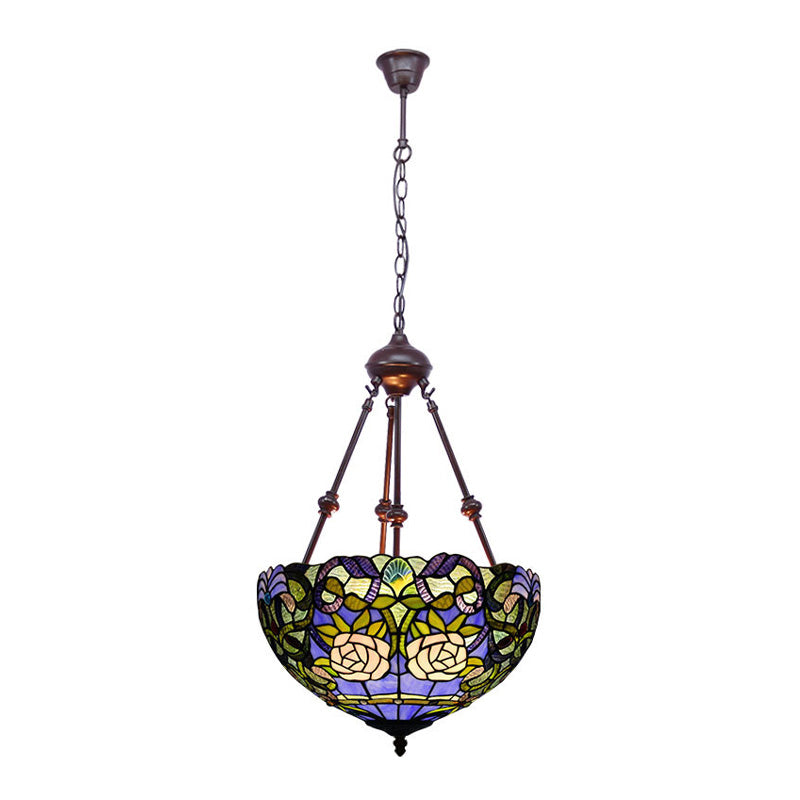 Tiffany Style 2-Light Flower Bush Chandelier Lamp With Stained Glass Pendant - Red/Yellow/Purple