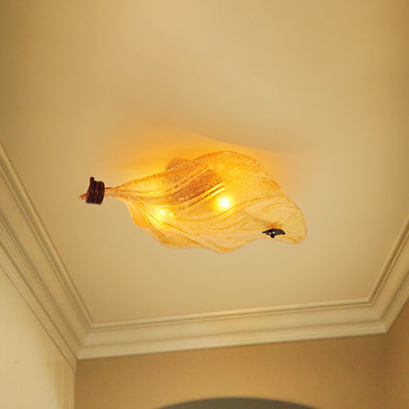 Countryside Leaf Shaped Ceiling Flush Mount Yellow Glass Hallway Light Fixture With 2 Lights