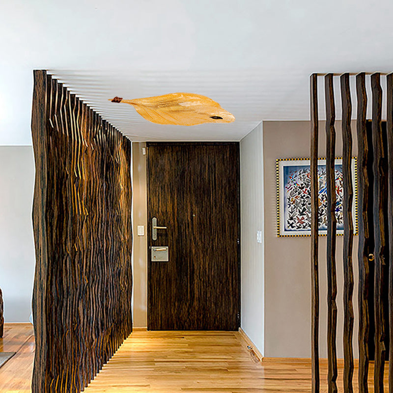 Countryside Leaf Shaped Ceiling Flush Mount Yellow Glass Hallway Light Fixture With 2 Lights