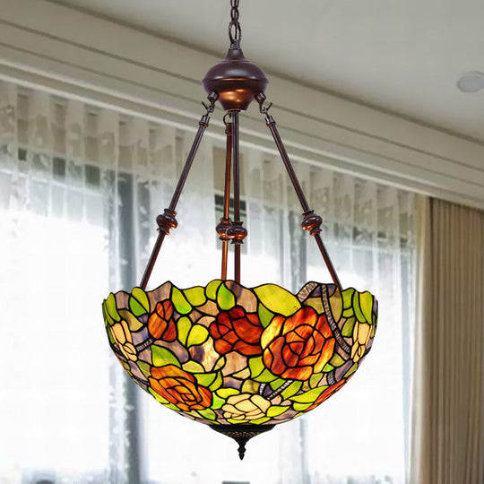 Mediterranean Stained Glass Bowl Ceiling Chandelier With 2 Red/Yellow/Green Pendant Lights