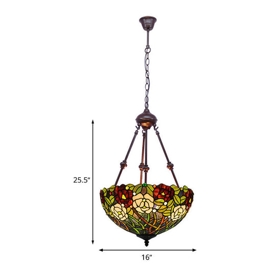 Mediterranean Stained Glass Bowl Ceiling Chandelier With 2 Red/Yellow/Green Pendant Lights