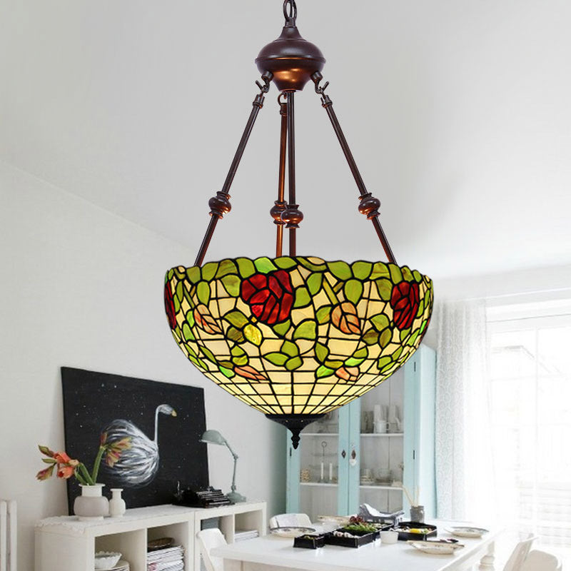 Mediterranean Stained Glass Bowl Ceiling Chandelier With 2 Red/Yellow/Green Pendant Lights