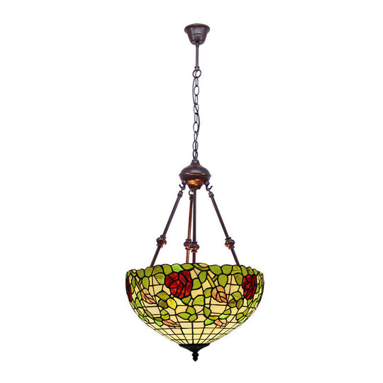 Mediterranean Stained Glass Bowl Ceiling Chandelier With 2 Red/Yellow/Green Pendant Lights