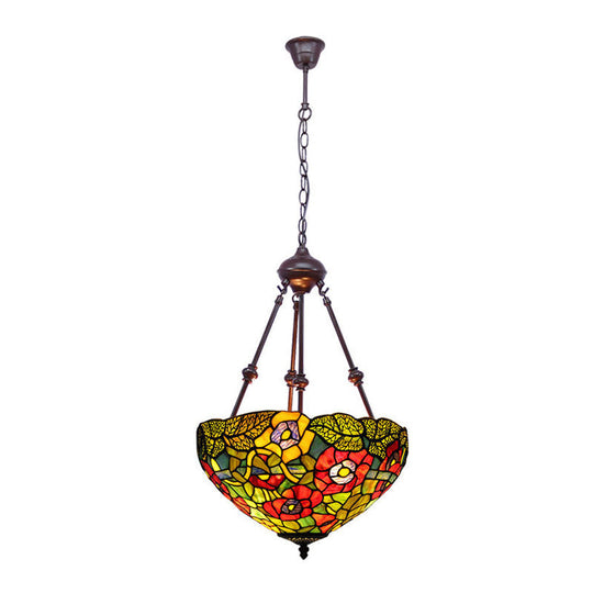 Mediterranean Stained Glass Bowl Ceiling Chandelier With 2 Red/Yellow/Green Pendant Lights