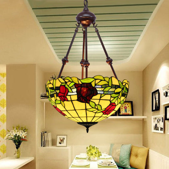 Mediterranean Stained Glass Bowl Ceiling Chandelier With 2 Red/Yellow/Green Pendant Lights