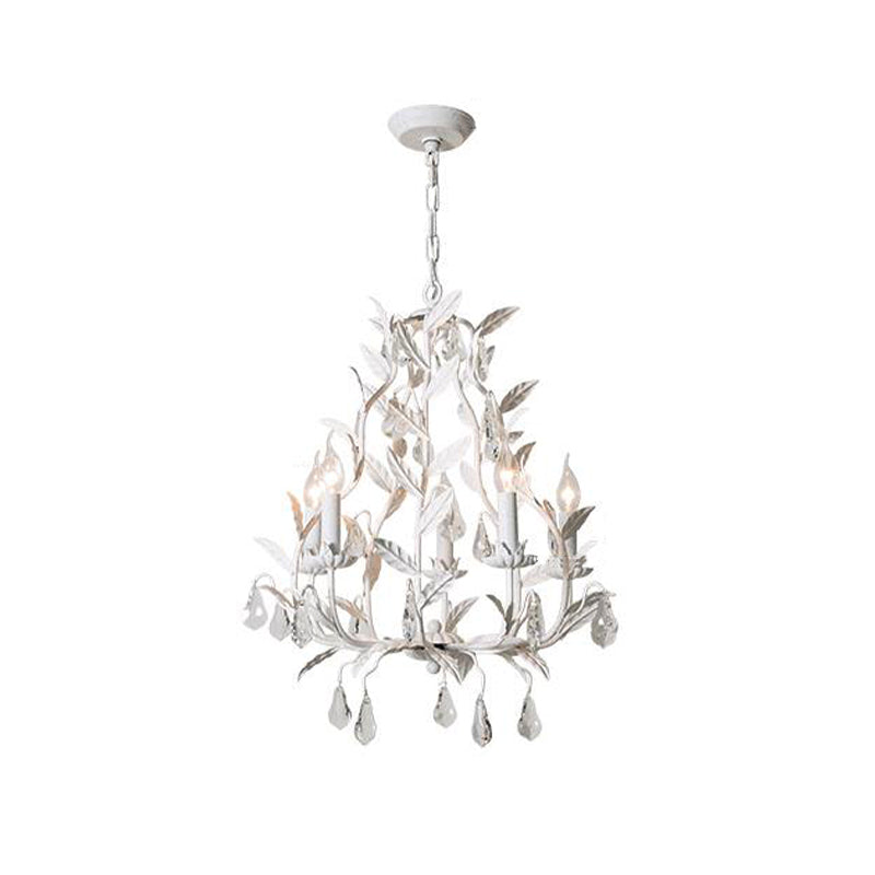 Modern Metal Leaf Chandelier With Crystal Drop - 5 Bulb Lighting Fixture In Grey/Distressed White