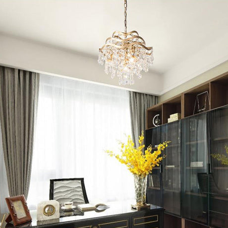 Modern Clear Crystal Ceiling Chandelier With Waterfall Design - 4 Heads Brass Hanging Light Fixture