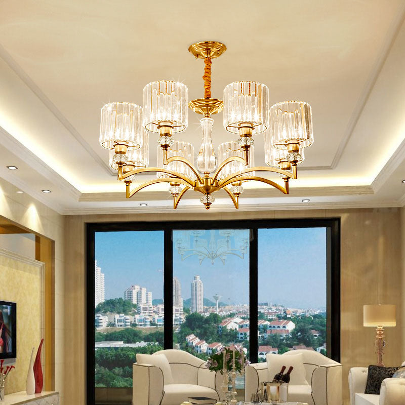 Contemporary Faceted Crystal Cylinder Chandelier - Brass Ceiling Pendant Light With 3/6/8 Bulbs