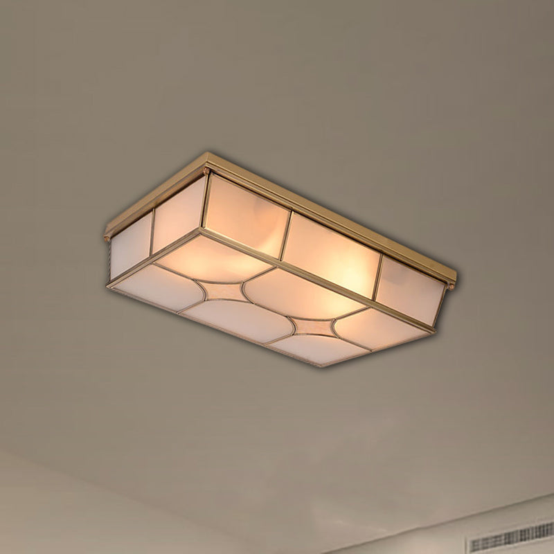 Frosted Glass Flush Ceiling Light In Classic Brass - 3/6 Lights Rectangle Design For Bedroom Mount