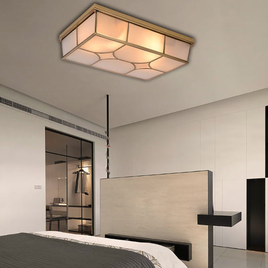 Frosted Glass Flush Ceiling Light In Classic Brass - 3/6 Lights Rectangle Design For Bedroom Mount