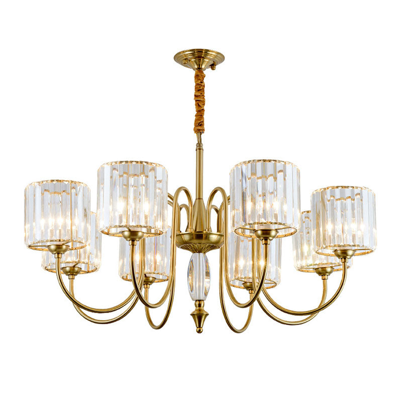 Contemporary Brass Cylinder Ceiling Chandelier With Crystal Facets - 3/5/6 Head Pendant Light