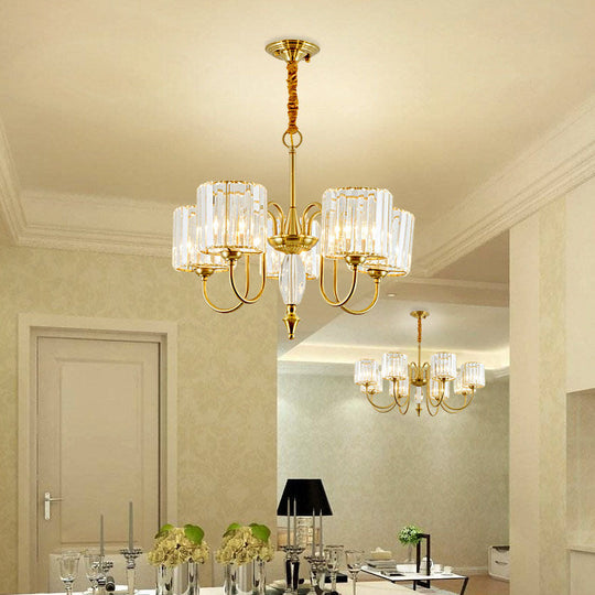 Contemporary Brass Cylinder Ceiling Chandelier With Crystal Facets - 3/5/6 Head Pendant Light