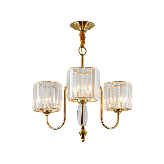 Contemporary Brass Cylinder Ceiling Chandelier With Crystal Facets - 3/5/6 Head Pendant Light