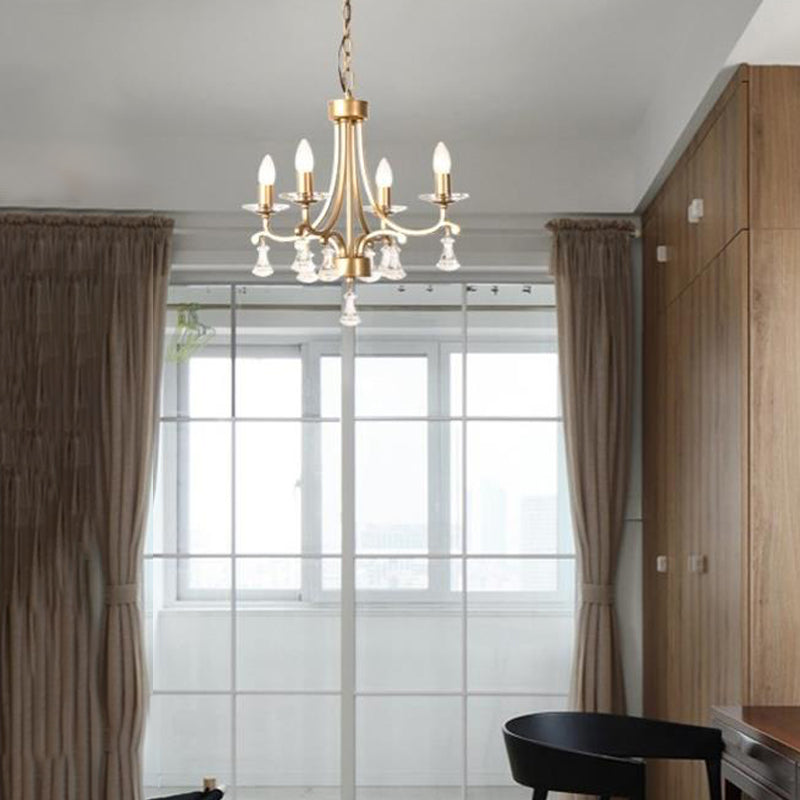 Modern Brass Starburst Chandelier - 4 Bulb Metal Pendant Light With Crystal Drop