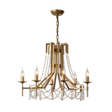 Modernist Crystal Beaded Chandelier Lamp - 6-Head Hanging Light Fixture In Brass With Metal Arm