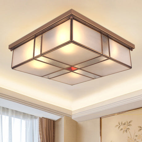 Vintage Brass Flush Mount Light With Frosted Glass Panel Shade - 2/4 Lights Ceiling Fixture For