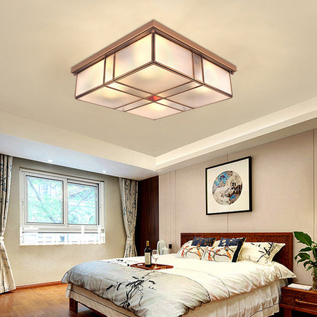 Vintage Brass Flush Mount Light With Frosted Glass Panel Shade - 2/4 Lights Ceiling Fixture For