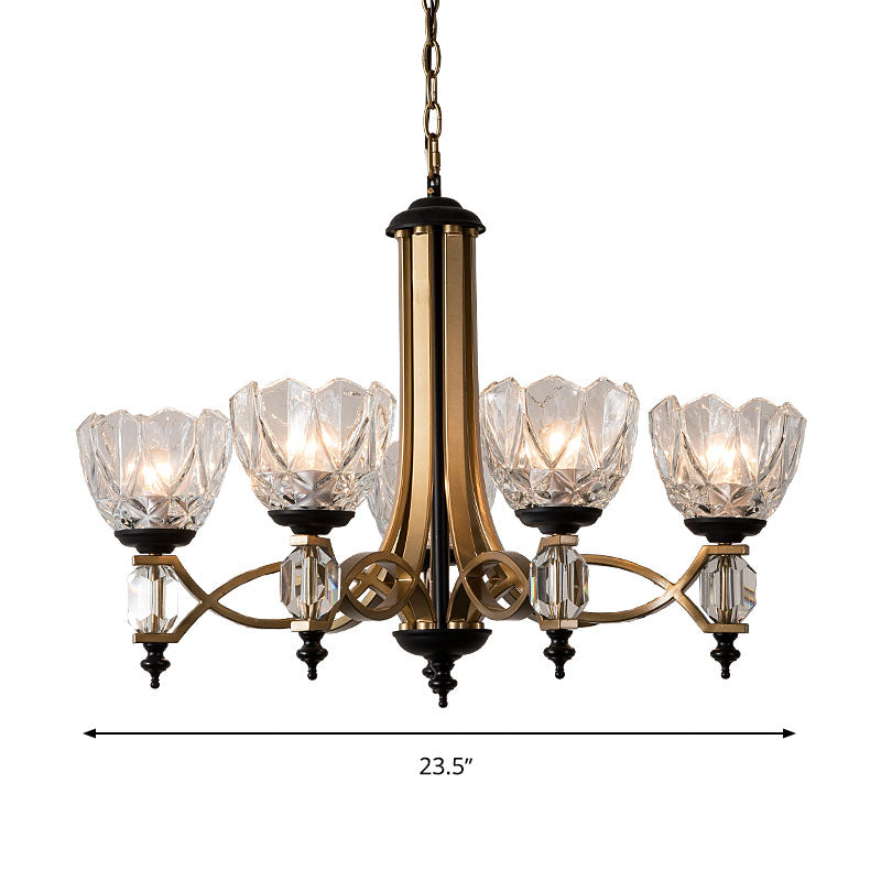 Brass Dome Pendant Light Fixture With Clear Glass Shade - Modern 5-Head Chandelier Lighting