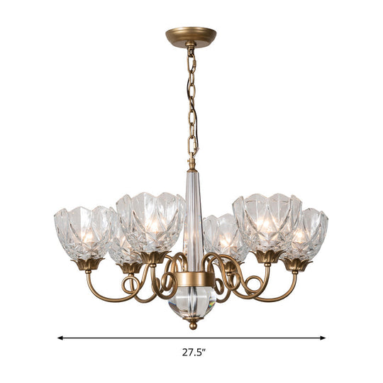 Contemporary Brass Bowl Pendant Chandelier - 6 Heads Ceiling Hanging Light With Clear Glass And
