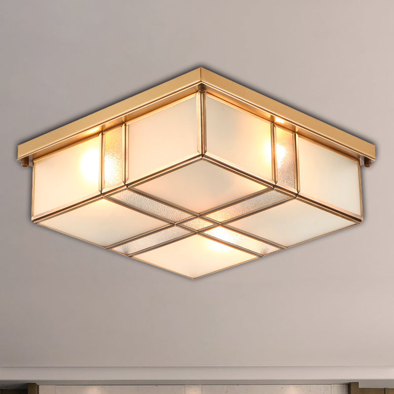Vintage Brass Square Flush Mount Light With Frosted Glass Shades - Perfect For Bedrooms And