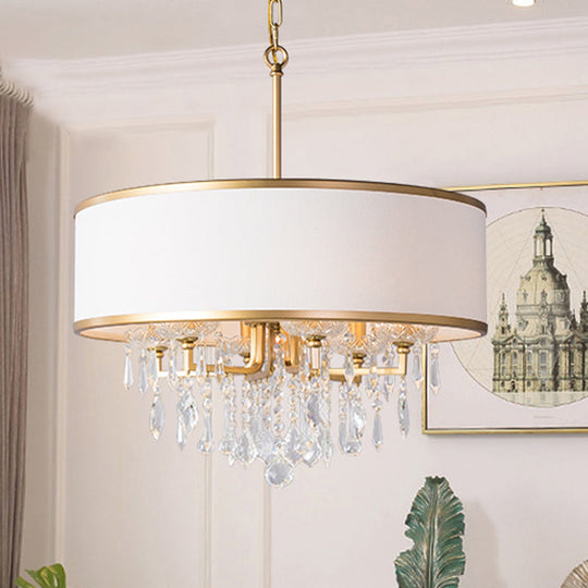 Modern Drum Ceiling Chandelier With Crystal Droplet - Brass Hanging Pendant Light (6 Bulbs)