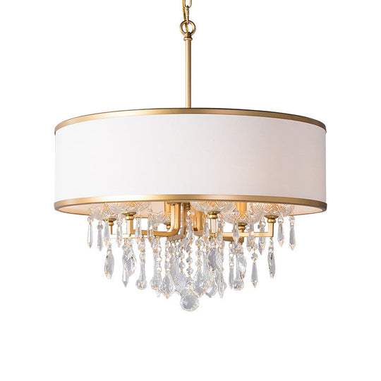Modern Drum Ceiling Chandelier With Crystal Droplet - Brass Hanging Pendant Light (6 Bulbs)