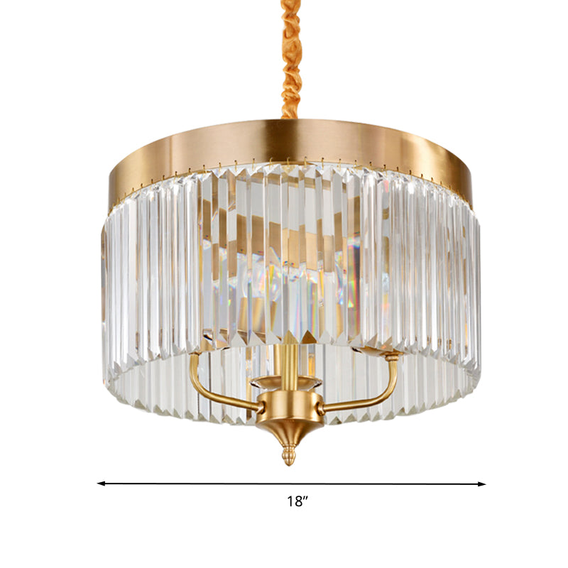 Brass Drum Pendant Chandelier With Faceted Crystal - 3 Bulbs Ceiling Hanging Light